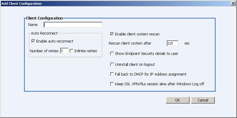 Figure 4.1: Add Client Configuration dialog box 1. Click on the node: Network Extension from the Content Panel in the NMC. 2.