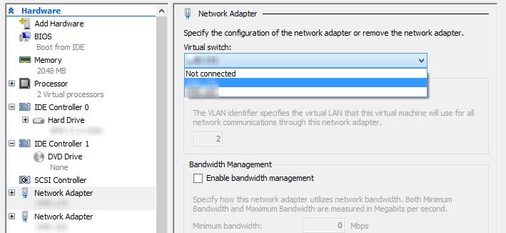4 Connect the network adapters to the appropriate virtual switch in