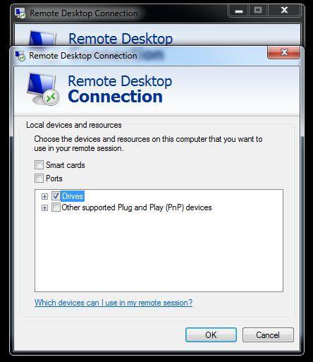 Allow your Remote Desktop Connection to see your local or network drives 1.