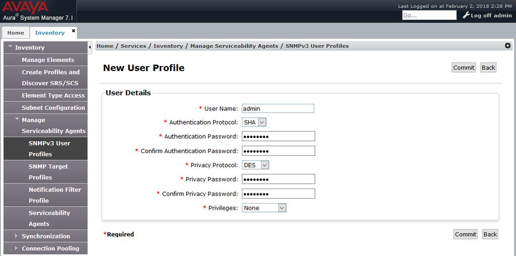 Configure the User Details for SNMPv3 polls for System Manager and Session Manager.