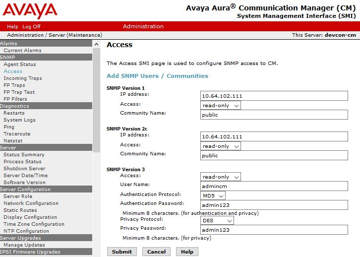 5.3. Administer FP Traps To configure Communication Manager to send SNMP traps to OneSight, navigate to SNMP FP Traps. The FP Traps webpage is displayed as shown below.
