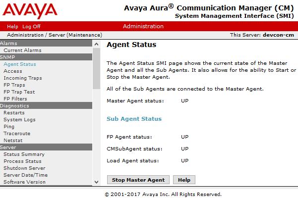 5.4. Restart SNMP Agent Select SNMP Agent Status from the left pane to display the Agent Status webpage and restart the SNMP agent.