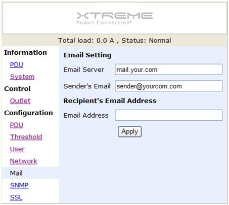 Configuration: Mail When event occurs, PDU can send out email message to pre-defined account. Email Server: The Email Server only support to be input domain name, not IP address.