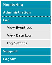 Log From the Log section there are three sub sections for configuring the IPDU-SX: View Event Log View Data Log Log Settings View a log listing the date and time of events such as startups, shut