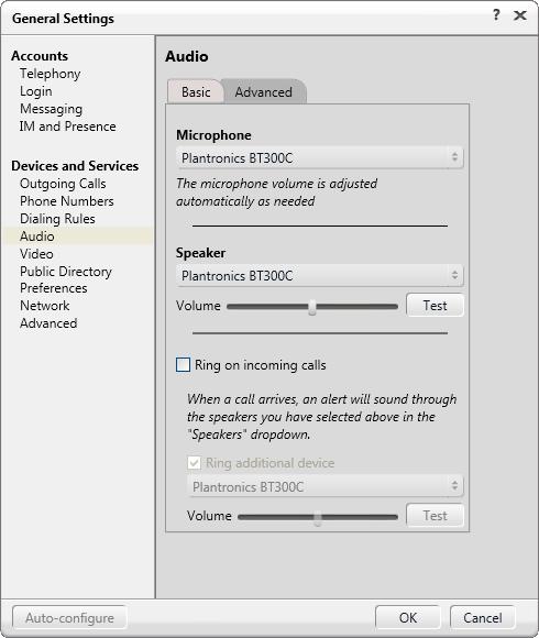 The Calisto 620 speakerphone is automatically detected by one-x Communicator. In the General Settings window, navigate to Devices and Services Audio and then select the Basic tab as shown below.