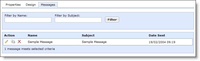 Click Filter. Messages that use the template appear. To view a sent message, select it and click Click here to view report. The Message Report screen appears.