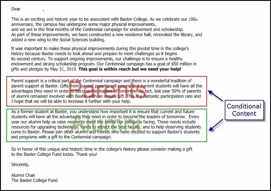 24 CHAPTER 1 The example below demonstrates how this works. This message includes a conditional content block containing two conditions a paragraph specifically for parents and another for alumni.