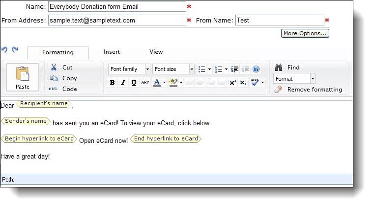 EM AIL 85 Note: The screen shown above is the ecard Email screen for a Donation Form part. Depending on the part type you use, your ecard Email screen may differ slightly.