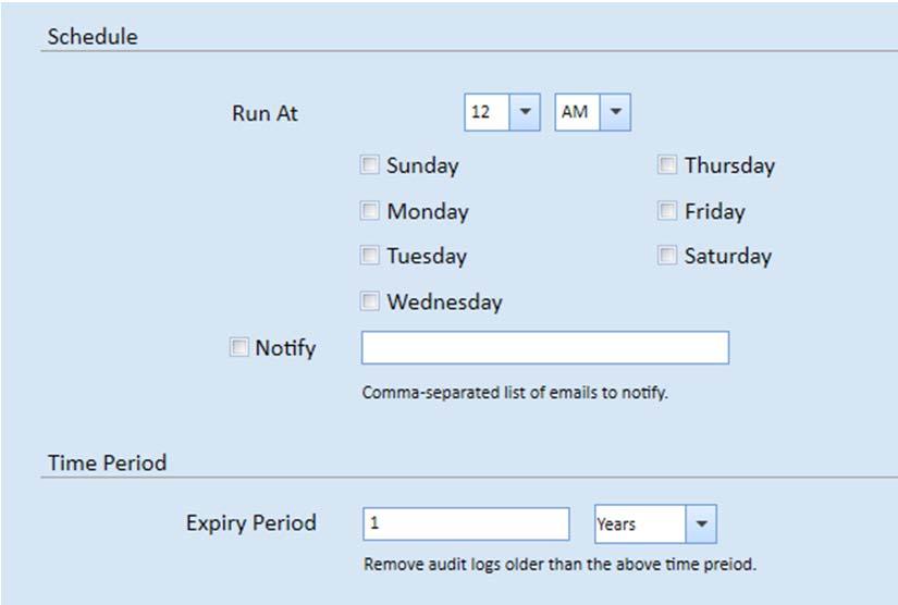 Audit Log Expiry (GF-97) The Audit Log Expiry provides the ability to remove audit log entries. Audit logs are removed based on the time period defined (Days, Weeks, Months, or Years).