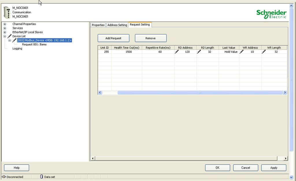 Default values will be filled out in the first row. Then, set the new length of the I/O data in RD length and WR length.