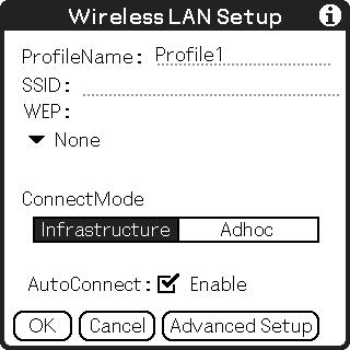 Setting the Network preferences for a wireless LAN 3 Tap [Details...]. The Wireless LAN Setup screen is displayed. 4 Tap [Create]. The Wireless LAN Setup screen for a new profile is displayed.