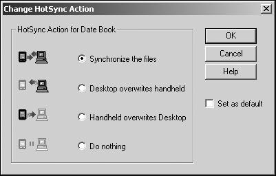Customizing HotSync application settings (Conduit) 4 Click [Change...]. The Change HotSync Action window is displayed.