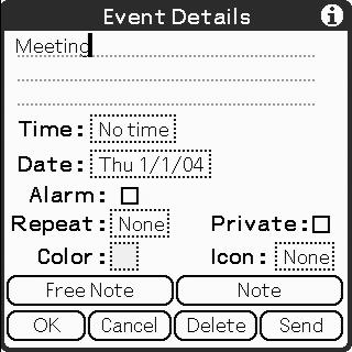 The typed text is inserted in the Event Details screen. 5 Tap the box next to [Time :].