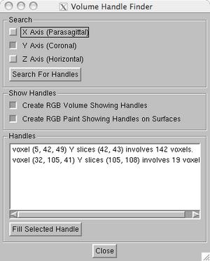 Figure 26 - Segmentation Volume Handle Finder Dialog Select Window 2 from the Window Menu. Use the Model Selection Control in the Viewing Window 2 to show the INFLATED surface.