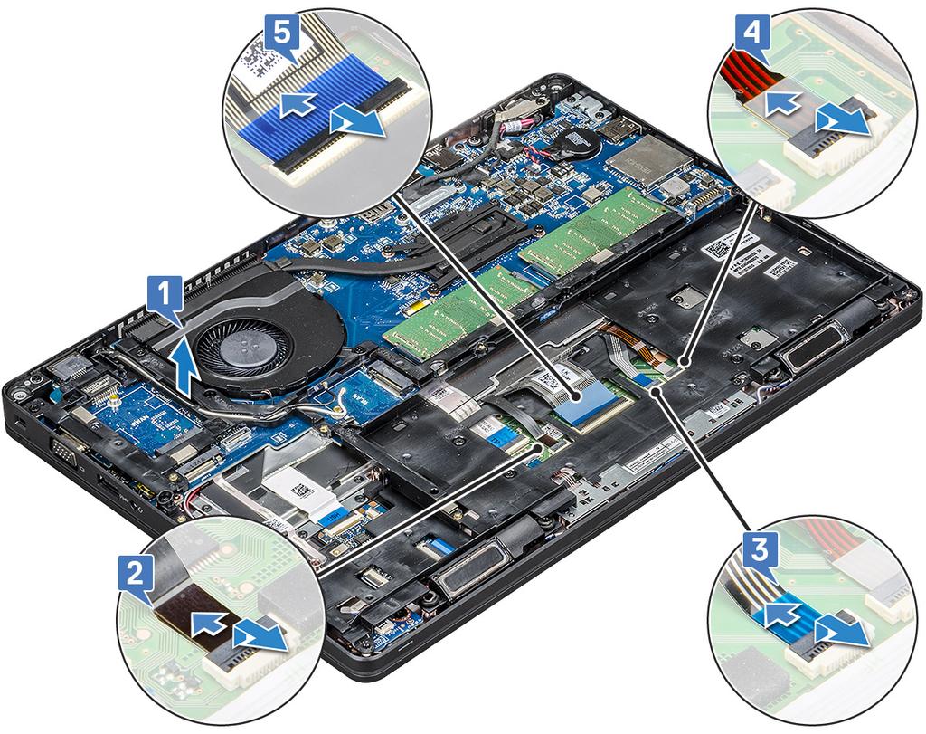 a b c d e f g base cover battery hard drive SSD card SSD frame WLAN card WWAN card (optional) 3 To release the chassis frame: a Release the WLAN cables from the routing channels [1].