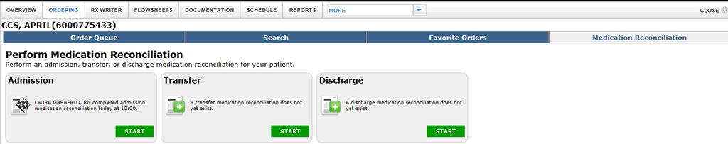 Medication Reconciliation Bring a patient into focus and click on Ordering tab. Click on Medication Reconciliation.