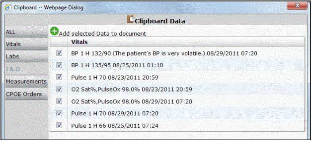 The main Clipboard window opens: The main clipboard window will show the number of values that exist on the clipboard for the selected patient.