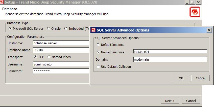 Figure 8: Connecting to SQL instance The installation supports both SQL and Windows Authentication. If you re using Windows Authentication, click Advanced to display additional options.