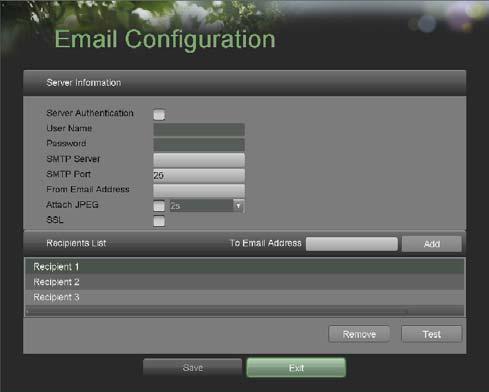 Figure 48. Email Configuration Menu 2. Under Server Information, enter all pertinent email information, including: Server Authentication: Enable if email server requires authentication.