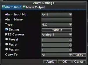 . Setting up Sensor Alarms Recordings can also be triggered from an external sensor alarm device. To setup sensor alarms:. Enter into the Alarm Management menu shown below.