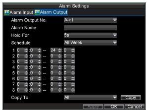 To set up Alarm Output:. Select the Alarm Output tab.