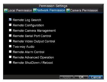 7. Click on the Network Permission tab to configure network privileges, as shown below. The network settings include: Remote Log Search: Remotely view logs that are saved on the DVR.