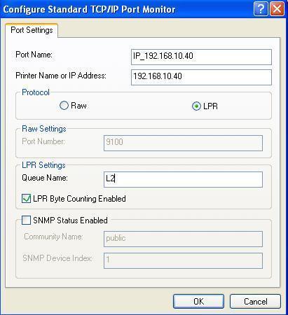 On the Port Settings screen, shown above: Select LPR in the Protocol section Enter a Queue name (L1 for