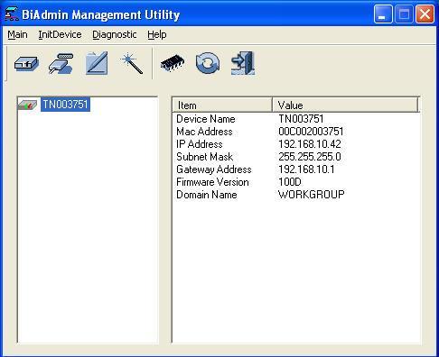 BiAdmin Management Utility Icon Device List Device Information Device List The left panel displays a list of all Print Servers found on the network.