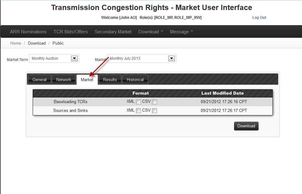 Figure 69 Market Data on the Public TCR Interface The user selects the market data to download by selecting the Market Term from the drop down list on the left and the required Market from the drop