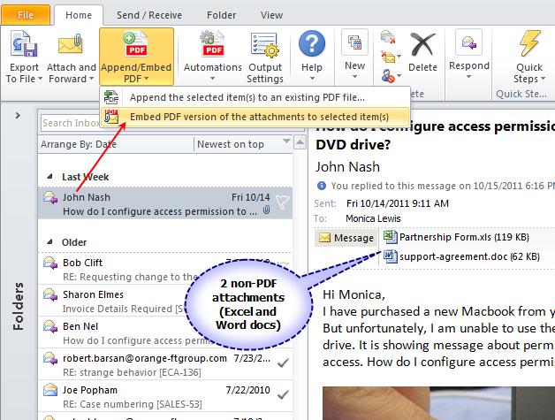 Keeping this limitation in mind, Email to PDF add-in supports embedding the PDF version of the attachments back to the email item, so that you can easily preview all the non-pdf attachments in your
