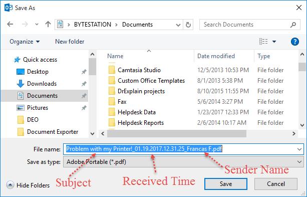 You can customize the default naming scheme of the generated documents for different type of Outlook items such as mails, appointments or tasks separately.