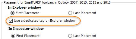 well as that of Outlook. If you want to see the add-in toolbar in a dedicated tab, check the option Use a dedicated tab under the Explorer section. And restart Outlook.