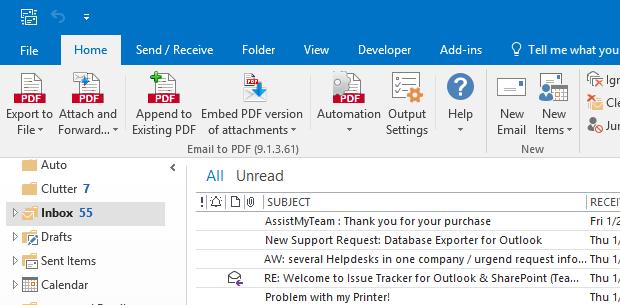 3. Ribbons/Toolbars in Outlook Once installed, Email to PDF add-in appears as a ribbon in Outlook 2016. The add-in supports the following two mode of operation: single and batch processing.