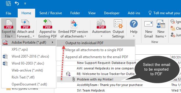 4. Converting an email and attachments (or any Outlook items) to PDF Export As: This allows you to convert email and its attachments to PDF or