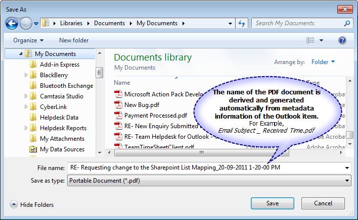 In the 'Save As' dialog, the file name of the document to be generated is pre-filled with metadata information of the selected email or any