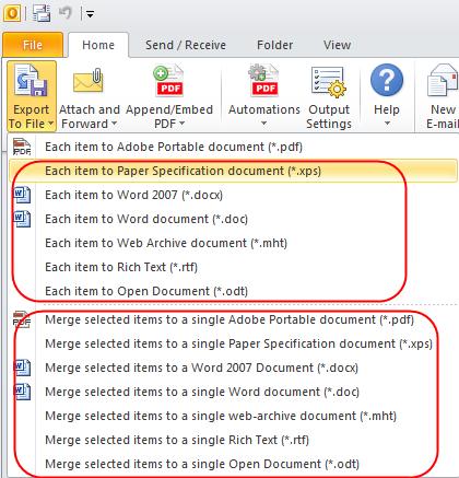 5. Converting multiple emails in batch to a PDF or other document formats The output document format available on the 'Forward As' and Export As' menus depend upon the number of selected items in the