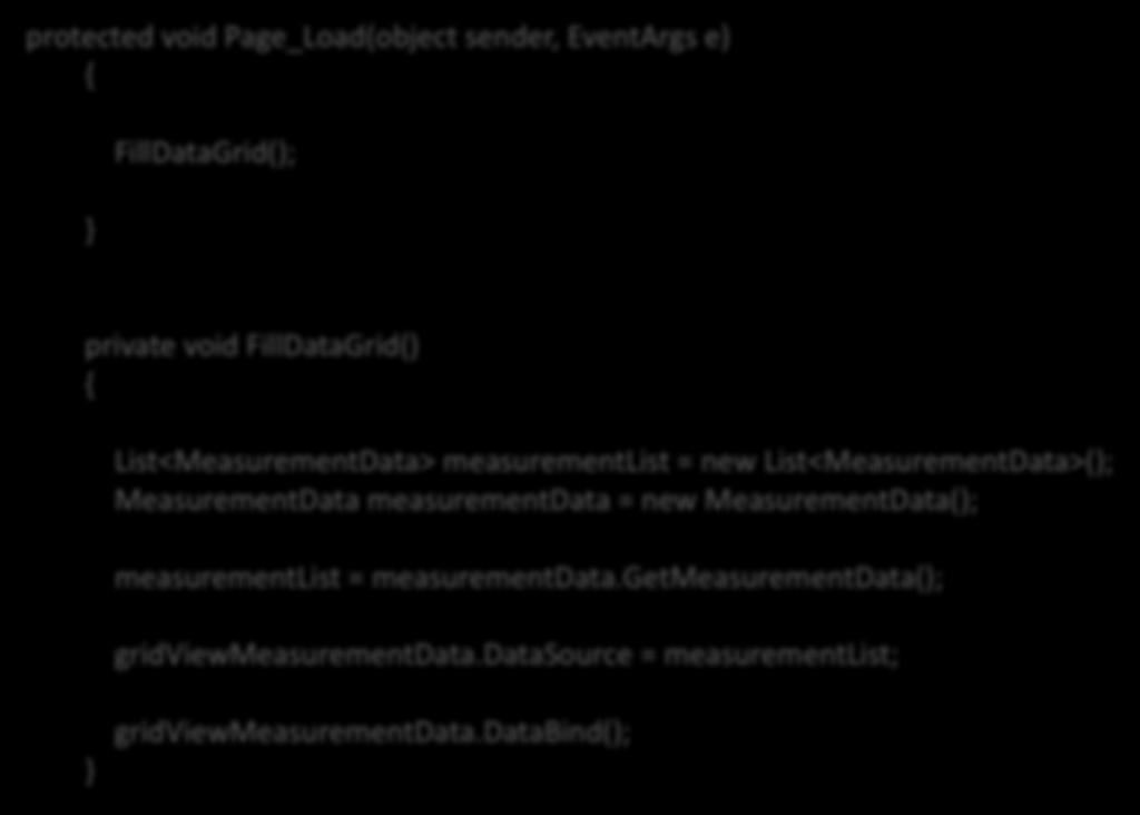 protected void Page_Load(object sender, EventArgs e) { Web Form Code FillDataGrid(); } private void FillDataGrid() { List<MeasurementData> measurementlist = new List<MeasurementData>();