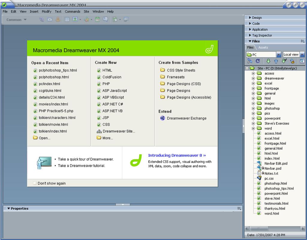 Like most applications, the top is taken up with menus and toolbars. To the right are a variety of useful Options Panels. A Properties Panel can be seen at the bottom.