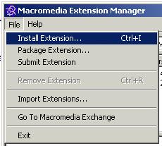 Installing the Extension 2. You will be taken to the Macromedia Extension Manager. From this dialog box, follow the path: File > Install Extension... 3.