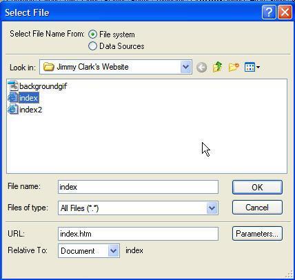 Navigate to the folder where the home page (index.htm) is stored. Figure 32: Making the Link to the Home Page d. Highlight index and click OK. e.