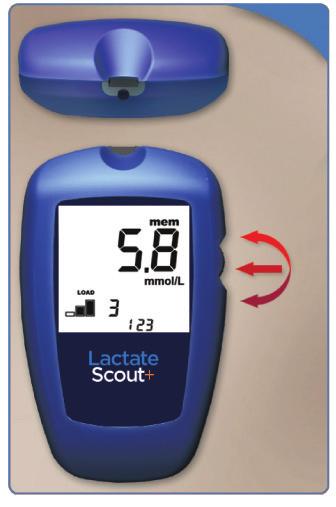 Getting started Lactate Scout+ analyzer Insertion slot (1) for the sensor Display window (2) for the display of test readiness, the blood lactate concentration, warnings and