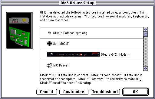 OMS searches for and displays any detected MIDI interfaces, MIDI cards, and OMS drivers. If your interface is not detected, click Troubleshoot.