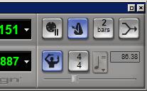 The Transport window can also display the following MIDI controls: Wait for Note, Click, Countoff, MIDI Merge, Conductor, Meter, and Tempo.