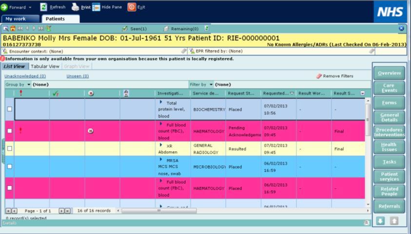 Activity 7. The patient s record will display at the Results / Requests tab Additional Guidance Check the yellow banner bar to ensure you have selected the correct patient.