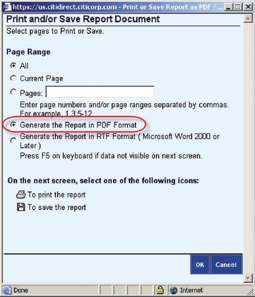 2. At the bottom of the window, click the Print/Save Report button. The Print and/or Save Report Document dialog box appears. 3. Select the Page Range. You can select All, Current Page or Pages.