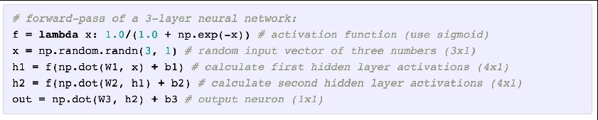 Forward Pass in Python Example code for a forward pass for a 3-layer network in Python: slide by Raquel Urtasun, Richard Zemel, Sanja Fidler Can be implemented