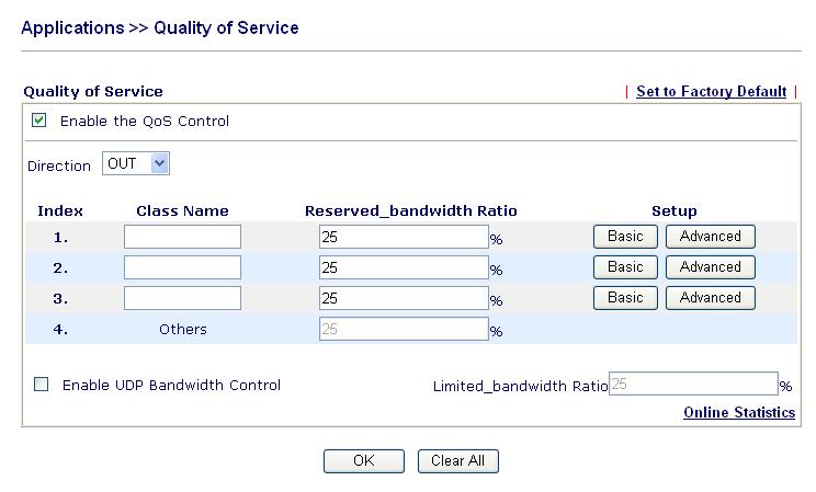 Enable the QoS Control Direction Index Class Name For V models, the factory default for this is checked to enable. Define which traffic the QoS Control settings apply to.