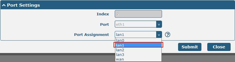 The ETH0~ETH3 can freely choose from lan0~lan3, but at least one LAN port must be assigned as lan0. The default settings of ETH0~ETH3 are lan0 and their default IP are 192.168.0.1/255.255.255.0. Configure Lan1 Click Interface > Ethernet > Ports, click eth1 s edit button, choose lan1 as the assigned port, and click Submit.