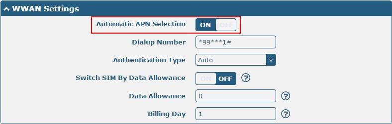 The window is displayed as below when enabling the Automatic APN