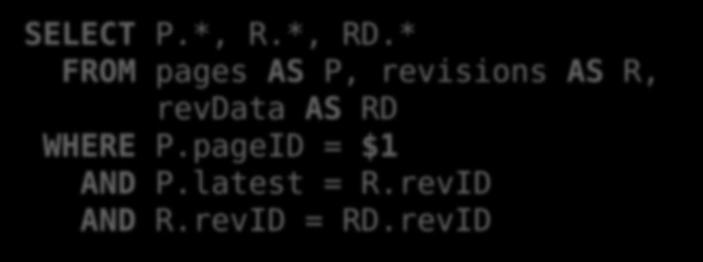 * FROM pages AS P, revisions AS R, revdata AS RD WHERE P.pageID = $1 AND P.latest = R.revID AND R.revID = RD.
